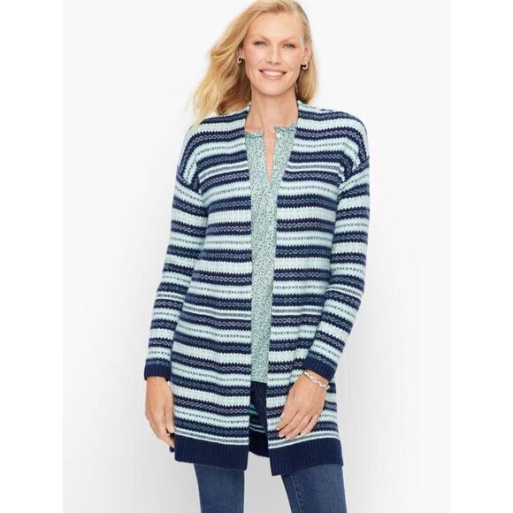 Talbots Fair Isle Open Front Long Cardigan Women’s XLP Blue Nordic Winter Cozy - Picture 1 of 10